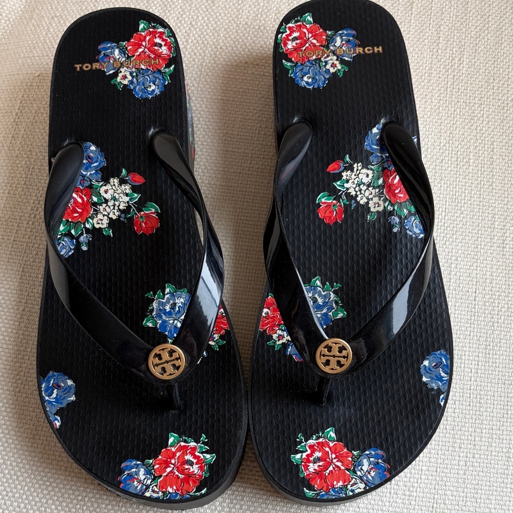 Tory Burch Black Flip Flops with Red and Blue Floral Design